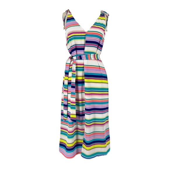 NWT’S Alice and Trixie 100% silk fully lined V-neck Midi neon striped dress SZ M - Picture 1 of 10